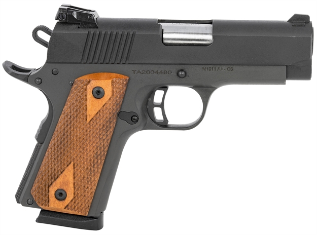 Picture of  Taylors & Company 230008 1911 Compact 45 Acp Caliber  With 3.63" Barrel, 7+1 Capacity, Overall Black Parkerized Finish, Beavertail Frame, Checkered Walnut Grip