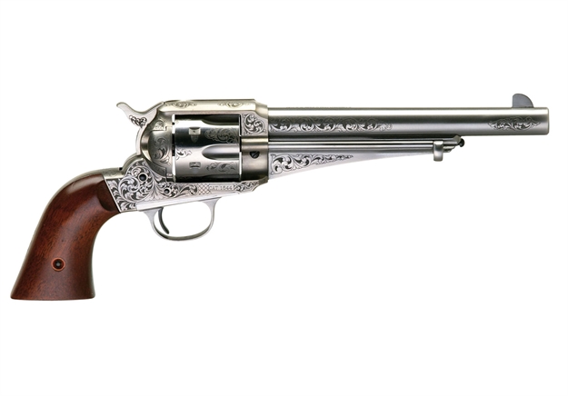 Picture of Taylors & Company 550382 1875 Army Outlaw 357 Mag Caliber With 7.50" Barrel, 6Rd Capacity Cylinder, Overall White Engraved Finish Steel & Walnut Grip 0150W00L02 810012511049