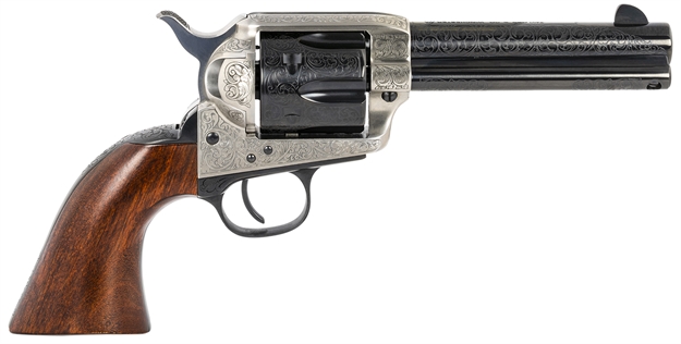 Picture of Taylors & Company 550924 1873 Cattleman 357 Mag Caliber With 4.75" Blued Floral Engraved Finish Barrel, 6Rd Capacity Blued Finish Cylinder, Coin Photo Engraved Finish Steel Frame & Walnut Grip 708AWE 839665000236