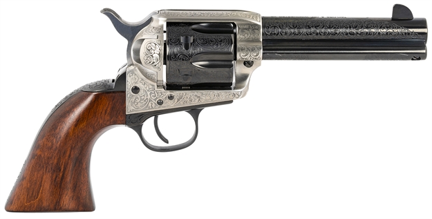 Picture of Taylors & Company 550925 1873 Cattleman 45 Colt (Lc) Caliber With 4.75" Blued Floral Engraved Finish Barrel, 6Rd Capacity Blued Finish Cylinder, Coin Photo Engraved Finish Steel Frame & Walnut Grip 709AWE 839665000243