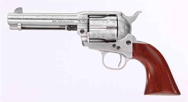 Picture of Taylors & Company 550928 1873 Cattleman 357 Mag Caliber With 4.75" Barrel, 6Rd Capacity Cylinder, Overall White Floral Engraved Finish Steel & Walnut Grip 712AWE 839665000274