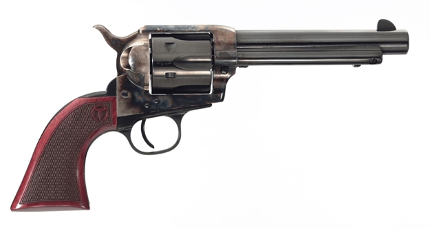 Picture of Taylors & Company 550813De Smoke Wagon Uberti 45 Colt (Long Colt) 6 Shot 5.50" Blued Round Barrel & Cylinder, Color Case Hardened Steel Frame, Checkered Walnut Navy Grip, Exposed Hammer 4110DE