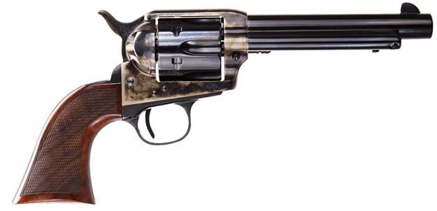 Picture of Taylors & Company 550811De Smoke Wagon Uberti 357 Mag 6 Shot 5.50" Blued Round Barrel & Cylinder, Color Case Hardened Steel Frame, Checkered Walnut Navy Grip, Exposed Hammer 4108DE 839665004746
