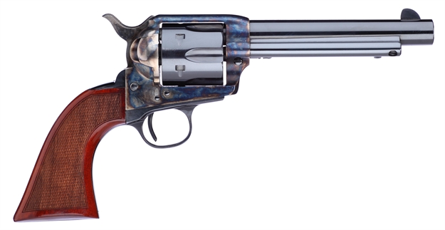 Picture of  Taylors & Company 556209De Short Stroke Gunfighter Uberti 357 Mag 6 Shot 5.50" Blued Round Barrel & Cylinder, Color Case Hardened Steel Frame, Walnut Checkered Army Style Grip, Exposed Hammer