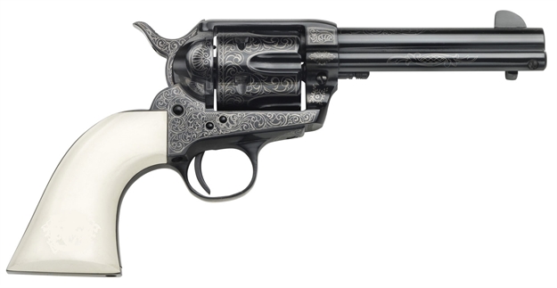 Picture of Taylors & Company 200056 1873 Cattleman Outlaw Legacy 45 Colt (Lc) Caliber With 4.75" Barrel, 6Rd Capacity Cylinder, Overall Blued Engraved Finish Steel & Ivory Synthetic Grip OG1401 839665000366