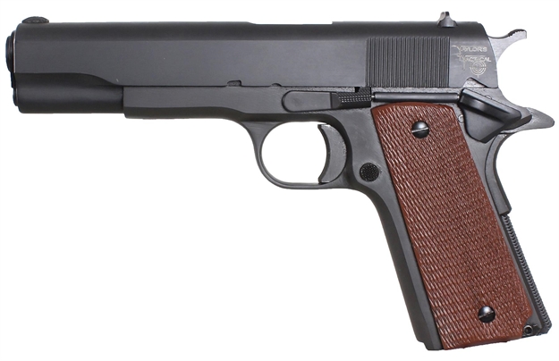 Picture of Taylors & Company 230006 1911 Traditional 45 Acp Caliber With 5" Barrel, 7+1 Capacity, Overall Black Parkerized Finish Steel, Beavertail Frame, Serrated Slide & Checkered Walnut Grip 1911STD