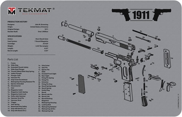Picture of Tekmat Armorers Bench Mat 11"X17" 1911 Pistol Grey 17-1911-GY