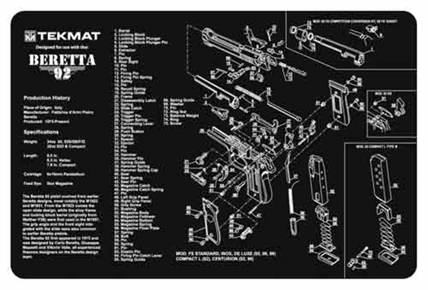 Picture of Tekmat Tekr17ber92 Beretta 92 Cleaning Mat Black/White Rubber 11"X17" Beretta 92 Parts Diagram 17-BER92 612409970701