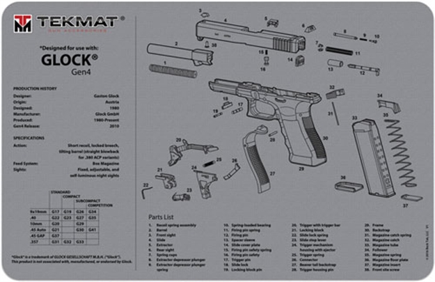 Picture of Tekmat Tekr17glockg4gy Glock Gen 4 Cleaning Mat Gray Rubber 11"X17" Glock Gen 4 Parts Diagram 17-GLOCKG4-GY