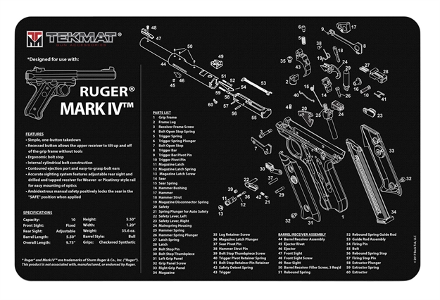 Picture of Tekmat Tekr17rugermk4 Ruger Mark IV Cleaning Mat Black/White Rubber 11"X17" Ruger Mark IV Parts Diagram 17-RUGERMK4 612409971005