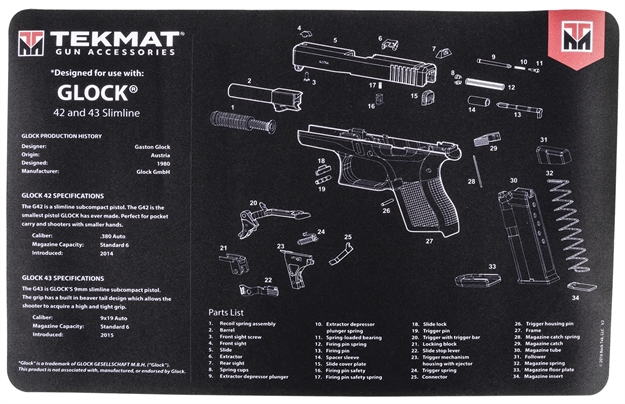 Picture of Tekmat Tekr17glock4243 Glock 42/43 Cleaning Mat Black/White Rubber 11"X17" Glock 42/43 Parts Diagram 17-GLOCK-42-43