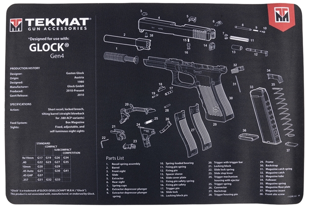 Picture of Tekmat Tekr17glockg4 Glock Gen4 Cleaning Mat Black/White Rubber 11"X17" Glock Gen4 Parts Diagram 17-GLOCK-G4 612409970794