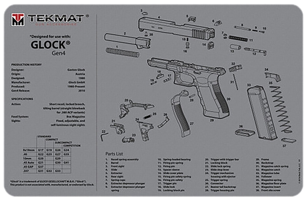 Picture of Tekmat Tekr17glockg4gy Glock Gen 4 Cleaning Mat Gray Rubber 11"X17" Glock Gen 4 Parts Diagram 17-GLOCKG4-GY 612409970855