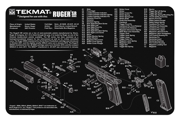 Picture of Tekmat Tekr17rugersr9 Ruger SR 9 Cleaning Mat Black/White Rubber 11"X17" Ruger Sr9 Parts Diagram TEKR17RUGER-SR9 612409970978