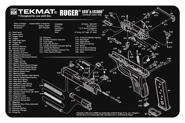 Picture of Tekmat Tekr17rugerlc9 Ruger Lc9 Cleaning Mat Black/White Rubber 11"X17" Ruger Lc9 Parts Diagram R17-RUGERLC9 612409970985