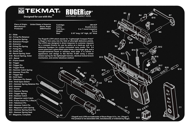 Picture of Tekmat Tekr17rugerlcp Ruger Lcp Cleaning Mat Black/White Rubber 11"X17" Ruger Lcp Parts Diagram R17-RUGERLCP 612409970992