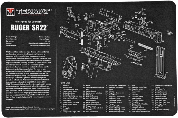 Picture of Tekmat Tekr17rugersr22 Ruger Sr22 Cleaning Mat Black/White Rubber 11"X17" Ruger Sr22 Parts Diagram R17-RUGERSR22 612409971012
