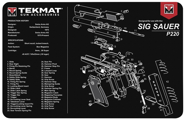Picture of  Tekmat Tekr17sigp220 Sig Sauer P220 Cleaning Mat Black/White Rubber 11"X17" Sig Sauer P220 Parts Diagram 612409971036