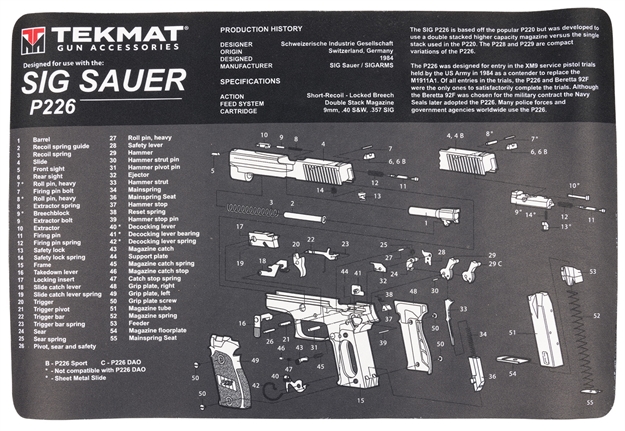 Picture of Tekmat Tekr17sigp226 Sig Sauer P226 Cleaning Mat Gray/White Rubber 11"X17" Sig P226 Parts Diagram 17-SIG266 612409971043