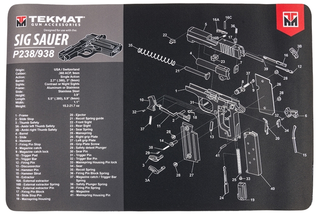 Picture of Tekmat Tekr17sigp238 Sig Sauer P238 Cleaning Mat Black/Gray Rubber 11"X17" Sig P238 Parts Diagram 17-SIGP238 612409971067