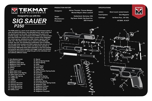 Picture of  Tekmat Tekr17sigp250 Sig Sauer P250 Cleaning Mat Black/White Rubber 17" Long Sig P250 Parts Diagram
