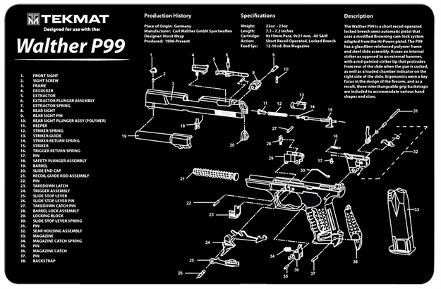 Picture of  Tekmat Tekr17walp99 Walther P99 Cleaning Mat Black/White Rubber 11"X17" Walther P99 Parts Diagram 612409971173
