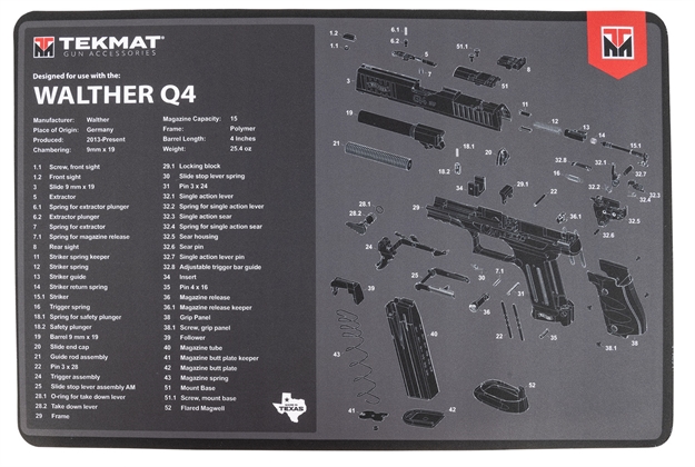 Picture of Tekmat Tekr17walq4sf Walther Q4 SF Cleaning Mat Black/Gray Rubber 11"X17" Walther Q4 Parts Diagram TEK-R17-WAL-Q4-SF 888151041925
