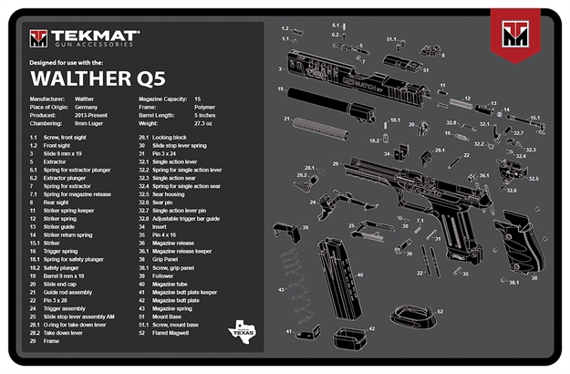 Picture of Tekmat Tekr17walq5sf Walther Q5 SF Cleaning Mat Black/Gray Rubber 11"X17" Walther Q5 Parts Diagram TEK-R17-WAL-Q5-SF 888151041932