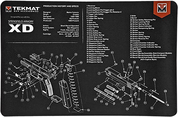 Picture of Tekmat Tekr17xd Springfield Armory XD Cleaning Mat Black/White Rubber 11"X17" Springfield Armory XD Parts Diagram 17-XD 612409971203