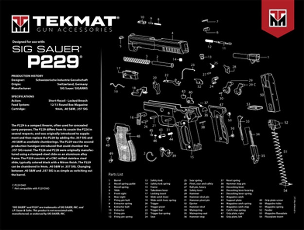 Picture of  Tekmat Tekr20sigp229 Sig Sauer P229 Ultra 20 Cleaning Mat Multi-Color Rubber 15"X20" Sig P229 Parts Diagram 612409973313