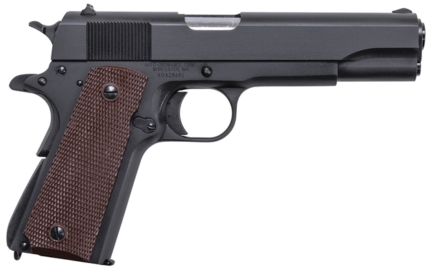 Picture of  Auto-Ordnance 1911Bko 1911  45 Acp  5" Barrel 7+1, Matte Black Carbon Steel Frame, Serrated Slide, Checkered Brown Polymer Grip, Manual Safety