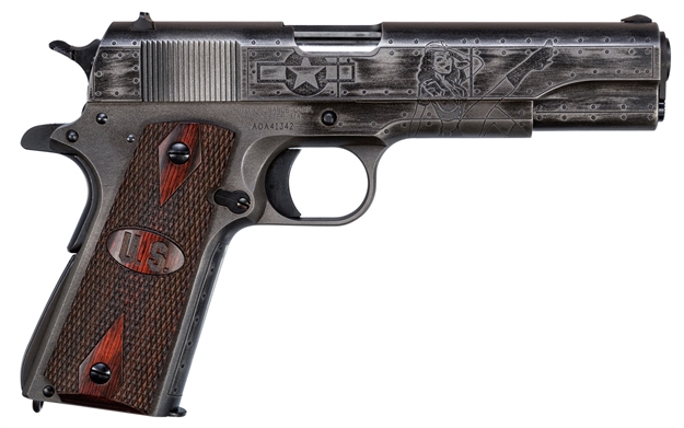 Picture of  Thompson 1911Bkowc1 1911 Victory Girls 45 Acp 5" 7+1 Worn Black/Gray Cerakote Steel Checkered Wood W/Us Logo Grip