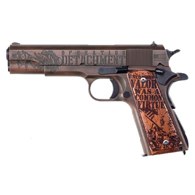 Picture of Thompson 1911Bkowc6 1911 Iwo Jima 45 Acp 5" 7+1 OD Green W/Distressed Copper Cerakote Wood Engraved Grip