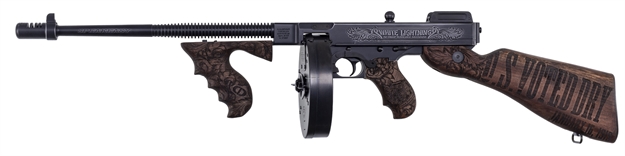 Picture of Thompson Bootlegger SE Cust Engraved 1927A-1 Dlx Carbine.45 Cal,14.5"(16.5"),50Rd Drum, 20Rd Stick Mag Kit With Violin Case