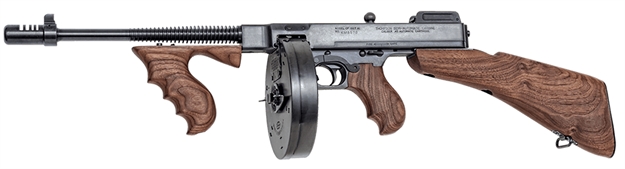 Picture of  Thompson T1100d 1927A-1 Deluxe Carbine 45 Acp Caliber With 18" Barrel, 20+1 Capacity (Stick), 100+1 Capacity (Drum), Blued Metal Finish, American Walnut Stock Wood Grip Right Hand 602686211086