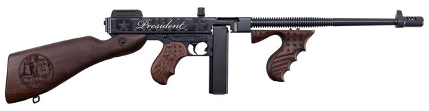 Picture of  Thompson T11450dc5 1927A-1 Deluxe 45 Acp 16.50" 20+1 (Stick), 50+1 (Drum), Trump Save America Engraved, Black Barrel/Rec, American Walnut Furniture, Compensator