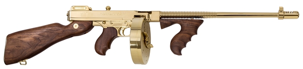 Picture of  Thompson T150dtg 1927A-1 Deluxe 45 Acp Caliber With 16.50" Barrel, 20+1 Capacity (Stick), 50+1 Capacity (Drum), Titanium Gold Metal Finish, American Walnut Stock Wood Grip Right Hand