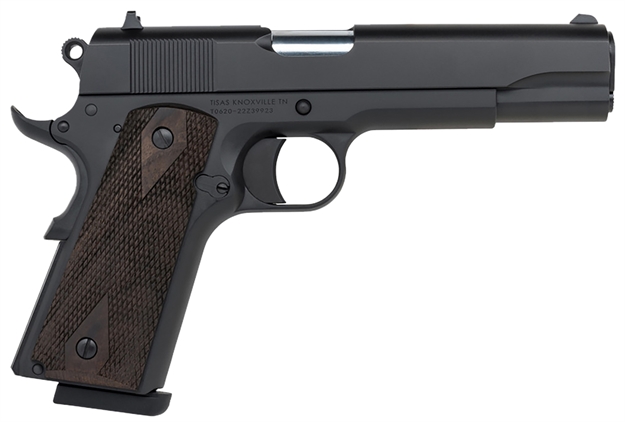 Picture of Tisas 10100516 1911 A1 Stakeout Full Size Frame 45 Acp 8+1 5" Stainless Button-Rifled Barrel, Nickel Serrated Stainless Steel Slide, Nickel Steel Frame W/Beavertail, Turkish Walnut Grip 1911A1SO45 723551441305