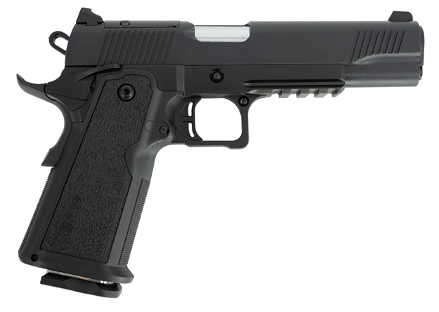 Picture of Tisas 12500002 1911 Duty DS 9Mm Luger 17+1, 5" Black Steel Barrel, Black Serrated Steel Slide, Black Cerakote Steel Frame W/Beavertail & Picatinny Rail, Black Overmolded Grip, Ambidextrous 1911DB9RDS