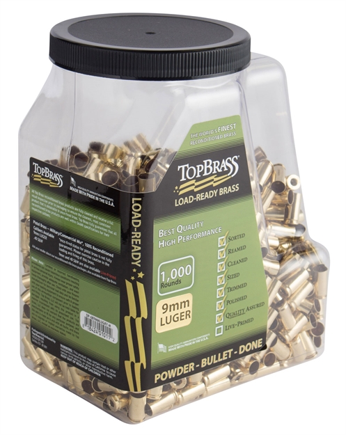 Picture of Top Brass 6B9mmlugxymj Premium Reconditioned Unprimed Cases 9Mmluger Handgun Brass 1000/Jug DP6B9MMLUGXYMJ 818424011256