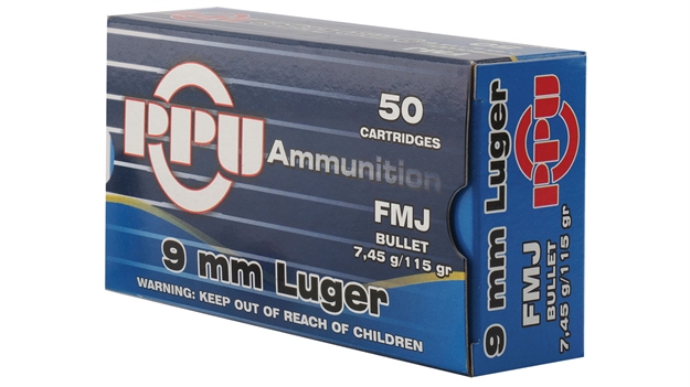 Picture of Ppu Pistol Ammo 9Mm, Fmj, 115 Gr, 1145 Fps, 50 Rnd, Boxed