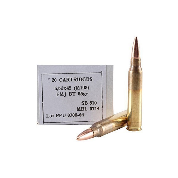 Picture of Ppu Rifle Ammo 5.56X45 M193, Fmjbt, 55 Grains, 3240 Fps, 20, Boxed 50 Boxes/Case, 1,000 Rnds Total