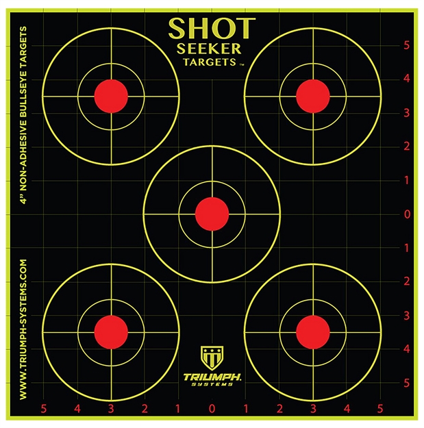 Picture of Triumph Systems 090020002 Shot Seeker Reactive Target 4" Bullseye Paper Hanging Pistol/Rifle 12" X 12" Black/Red/Yellow 10 Pk. 0900-20-002