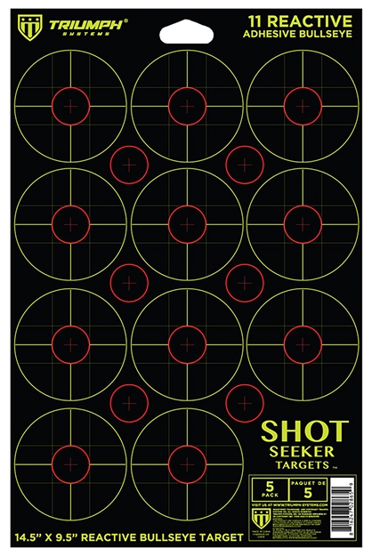Picture of Triumph Systems 090040001 Shot Seeker Reactive Target Self-Adhesive Paper Black/Red/Yellow 3" Bullseye Includes Pasters 5 Pack 0900-40-001 816247028659
