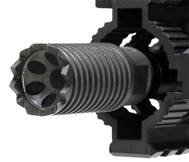 Picture of  Troy Ind Sbraclm06bt00 Claymore Muzzle Brake Black Steel With 5/8"-24 Tpi Threads & 2.25" Oal For 308 Win Ar-Platform