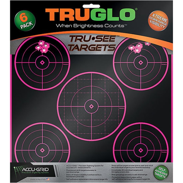 Picture of  Truglo Tg11p6 Tru-See 5-Bull Target Self-Adhesive Heavy Paper Black/Pink 12"X12" 6 Pack 788130019078