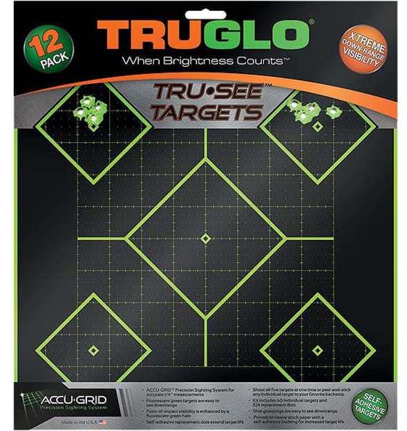 Picture of  Truglo Tg14a12 Tru-See 5- Diamond Target Self-Adhesive Heavy Paper Black/Green 12"X12" 12 Pack 788130019061