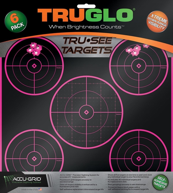 Picture of  Truglo Tg11p6 Tru-See 5-Bull Target Self-Adhesive Heavy Paper Black/Pink 12"X12" 6 Pack