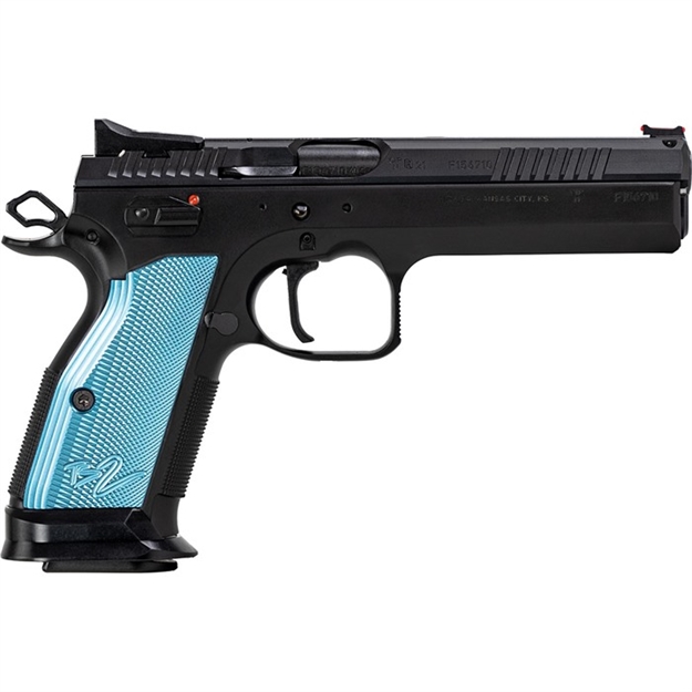 Picture of  Cz-Usa 91222 TS 2  40 S&W 17+1 5.28" Black Steel Barrel, Black Serrated Steel Slide, Black Polycoat Steel Frame W/Beavertail, Blue Checkered Aluminum Grip, Ambidextrous 806703912226