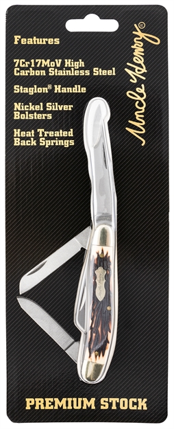 Picture of Uncle Henry 897Uhcp Premium Stock Pocket 2.80" Folding Clip/Sheepsfoot/Spey Plain 7Cr17mov High Carbon SS Blade Staglon With Nickel Silver Bolsters Handle